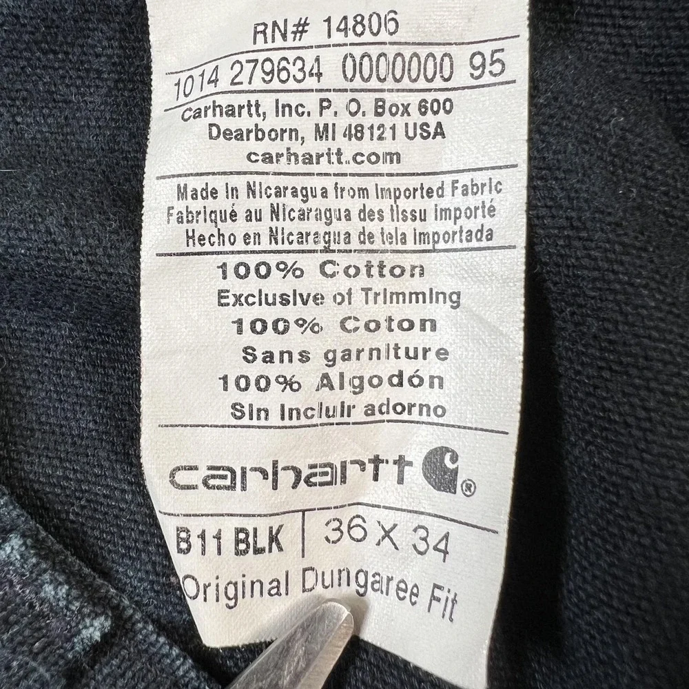 Carhartt Pants Mens 36x34 Black B11 Canvas Carpenter Dungaree Relaxed Workwear